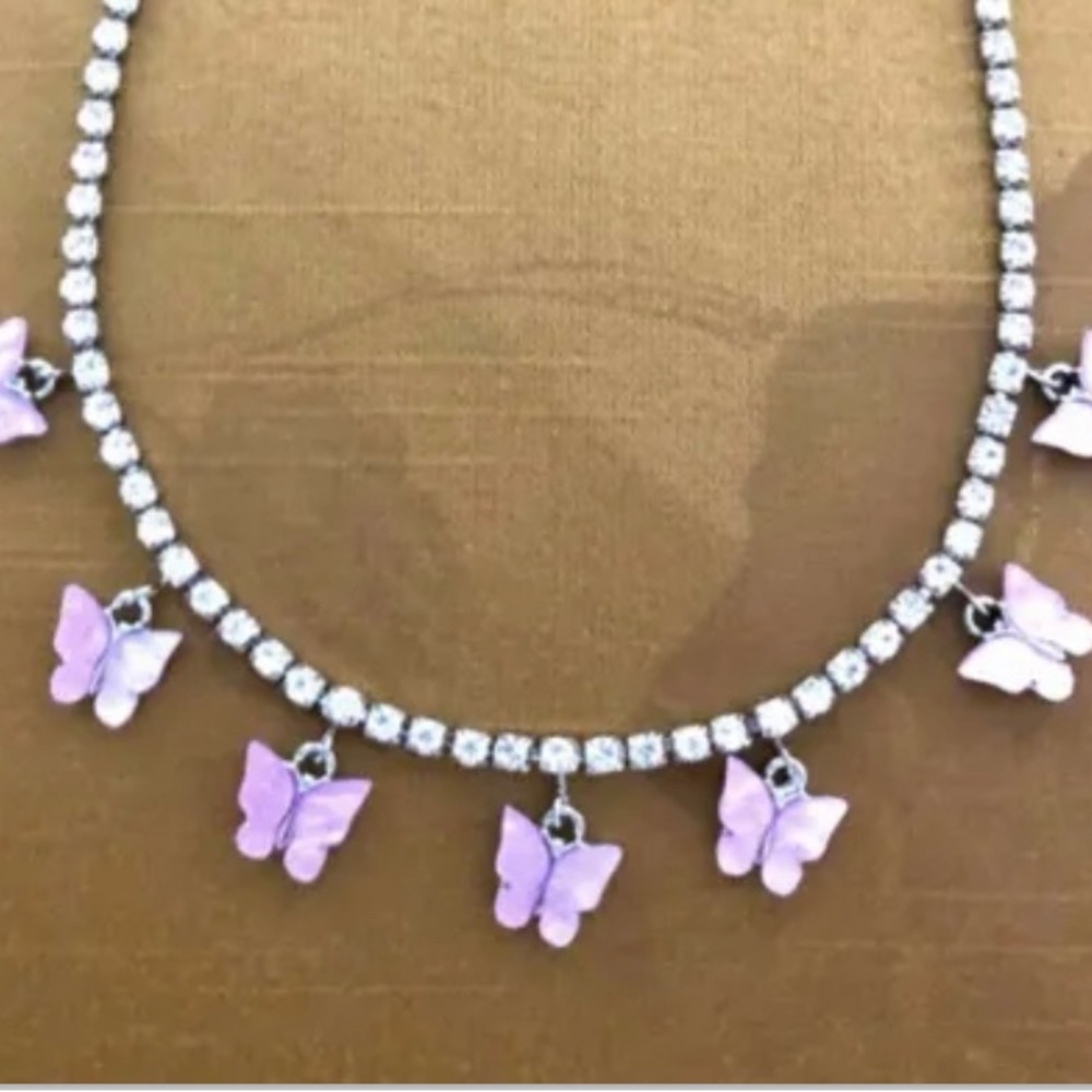 CZ Rhinestone Crystal Necklace with Pink Butterfly pendant charms